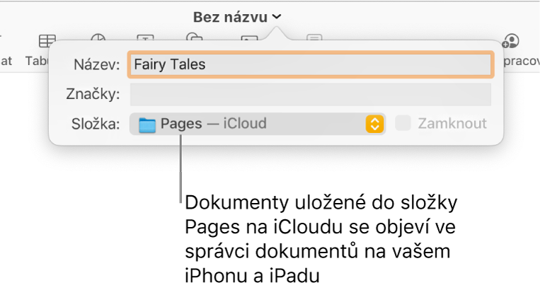 Ukládací dialogové okno aplikace Pages s vybranou položkou iCloud v místní nabídce „Kde“