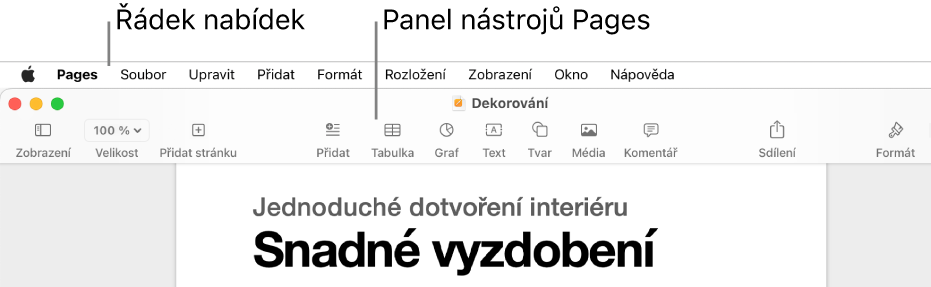 Řádek nabídek u horního okraje obrazovky s nabídkami Apple, Pages, Soubor, Upravit, Přidat, Formát, Rozložení, Zobrazení, Okno a Nápověda. Pod řádkem nabídek je otevřený dokument Pages, v horní části je panel nástrojů s tlačítky Zobrazení, Velikost, Přidat stránku, Přidat, Tabulka, Graf, Text, Tvar, Média, Komentář, Sdílet a Formát.