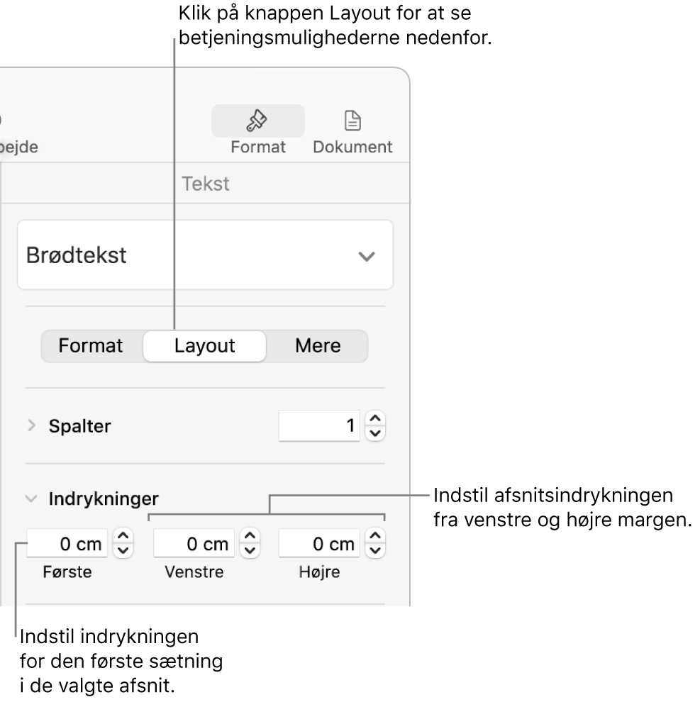 Betjeningsmuligheder under Layout i indholdsoversigten Format til indstilling af første linjes indrykning.