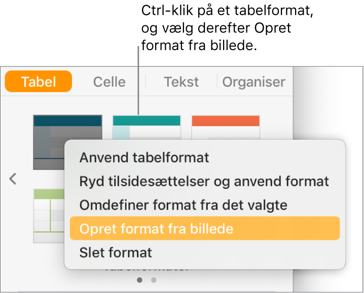 Genvejsmenuen til tabelformater.