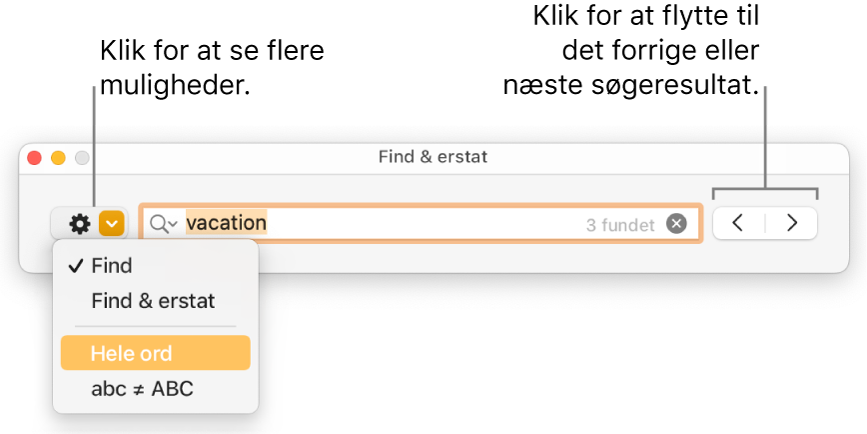 Vinduet Find & erstat med lokalmenuen, der viser mulighederne Find, Find & erstat, Hele ord og abc ≠ ABC. Med pilene til højre kan du hoppe til de forrige eller næste søgeresultater.