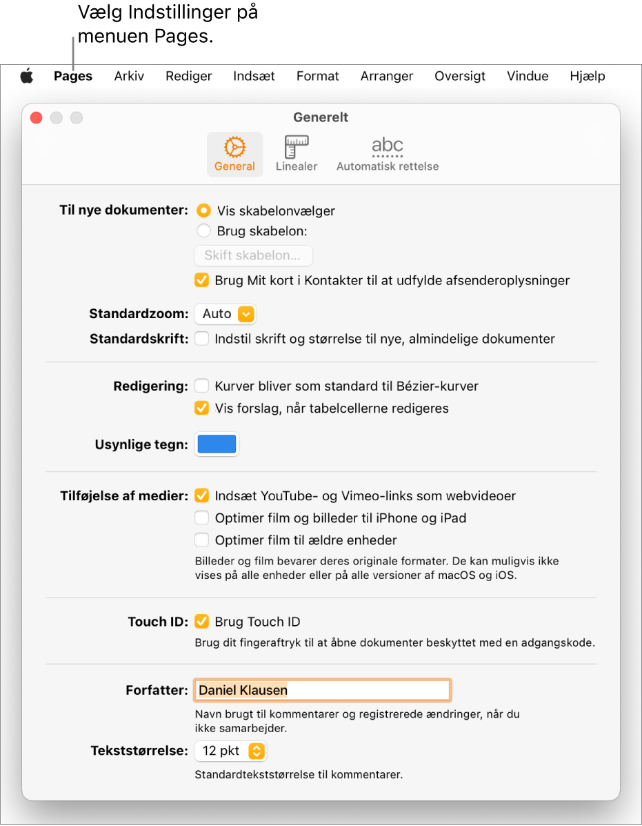 Vinduet Generelt åbent i indstillingerne til Pages med indstillinger til nye dokumenter, standardzoom og -skrift, redigering, ligninger, usynlige tegn, tilføjelse af medier, Touch ID, forfatternavn og standardskriftstørrelse.