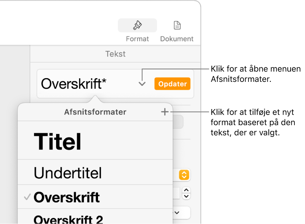 Menuen Afsnitsformater med betjeningsmuligheder til tilføjelse eller ændring af et format.