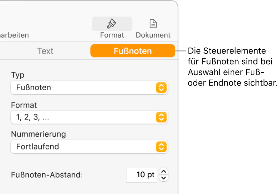 Der Tab „Fußnoten“ mit Einblendmenüs für „Typ“, „Format“, „Nummerierung“ und den Abstand zwischen den Fußnoten