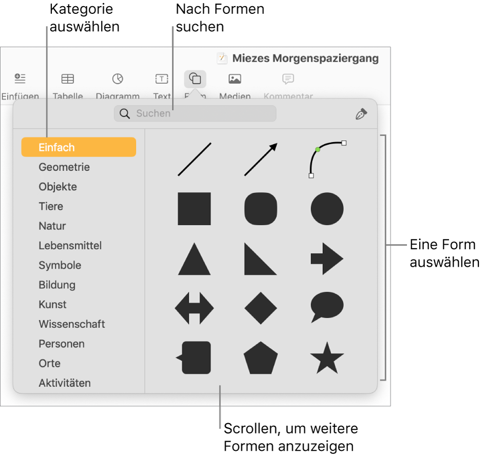 Die Formensammlung mit Kategorien auf der linken Seite und rechts angezeigten Formen Du kannst das oben angezeigte Suchfeld verwenden, um Formen zu finden. Durch Scrollen kannst du weitere Formen anzeigen.