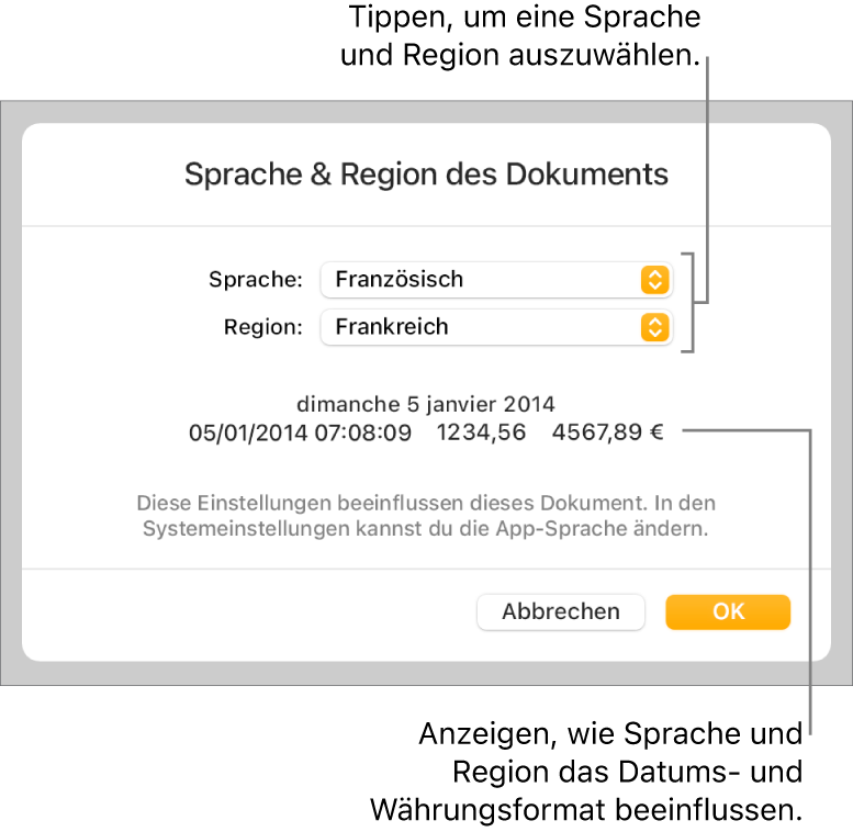 Das Fenster „Sprache & Region“ mit Einblendmenüs für Sprache und Region sowie einem Formatierungsbeispiel für Datum, Uhrzeit, Dezimalstellen und Währung.