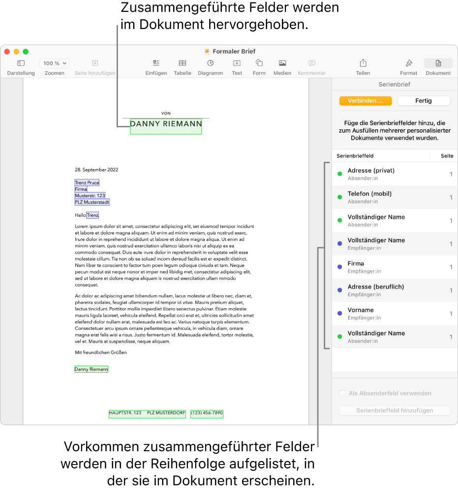 Pages-Dokument mit Serienbrieffeldern für Absender und Empfänger sowie der Liste der Serienbrieffeld-Instanzen in der Seitenleiste „Dokument“.