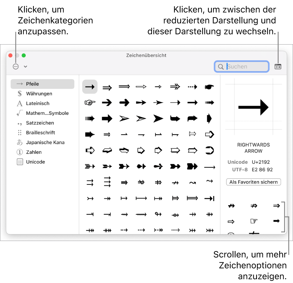 Die erweiterte Zeichenübersicht zeigt Sonderzeichen und Symbole, ein Menü für verschiedene Symbolkategorien auf der linken Seite und eine Taste rechts oben in der Ecke, mit der du zur reduzierten Ansicht zurückkehren kannst.