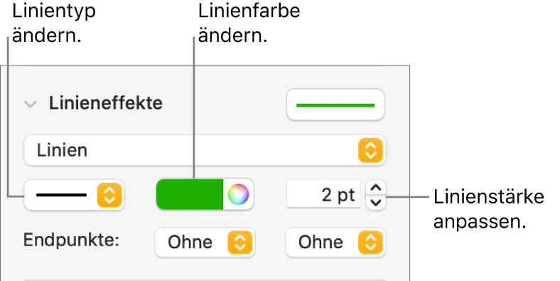 Steuerelemente zum Festlegen der Endpunkte, der Linienstärke und der Farbe