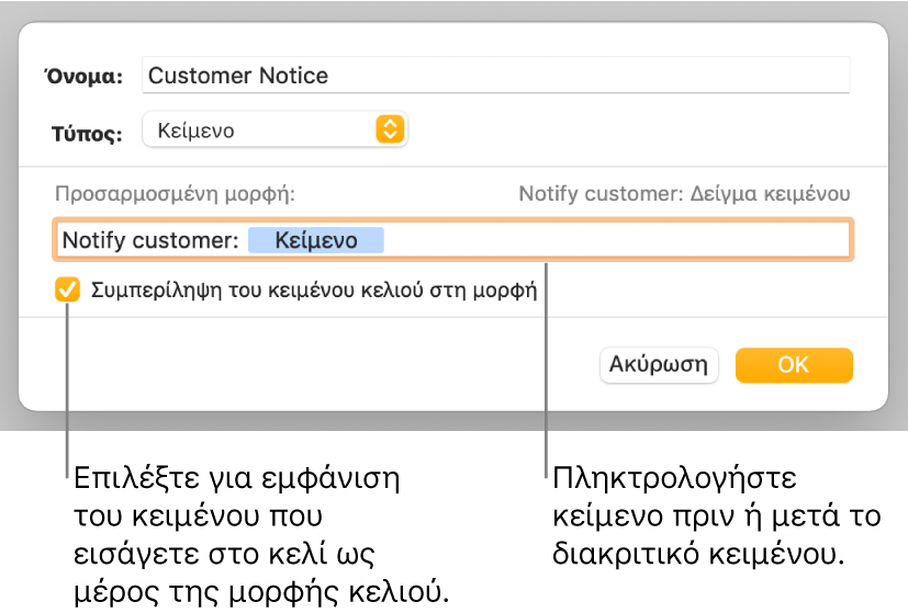 Το παράθυρο προσαρμοσμένης μορφής κελιού με στοιχεία ελέγχου για την επιλογή προσαρμοσμένης μορφοποίησης κειμένου.