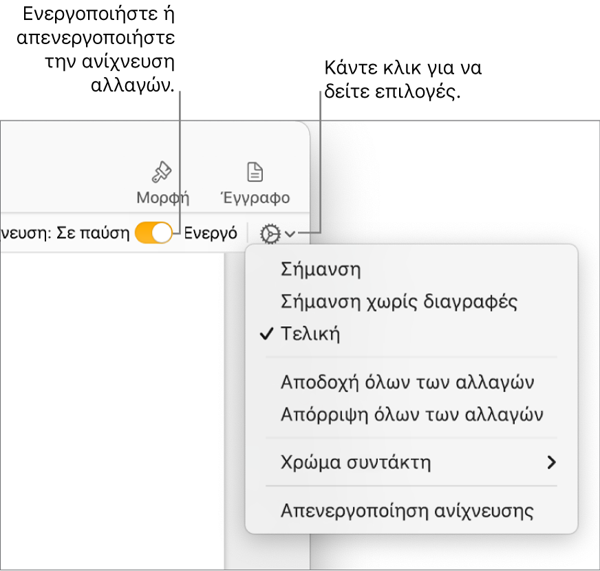 Το μενού επιλογών ανίχνευσης με την επιλογή «Απενεργοποίηση ανίχνευσης» στο κάτω μέρος και επεξηγήσεις για το κουμπί «Ενεργοποίηση» και «Σε παύση» ανίχνευσης.