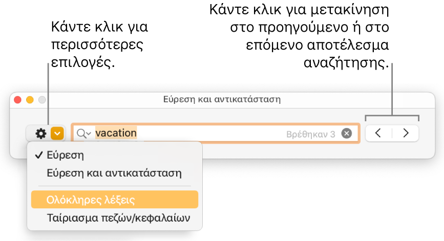 Το παράθυρο «Εύρεση και αντικατάσταση» με το αναδυόμενο μενού που εμφανίζει επιλογές για «Εύρεση», «Εύρεση και αντικατάσταση», «Ολόκληρες λέξεις» και «Ταίριασμα πεζών/κεφαλαίων». Τα βέλη στα δεξιά σάς δίνουν τη δυνατότητα μεταπήδησης στα προηγούμενα ή στα επόμενα αποτελέσματα αναζήτησης.