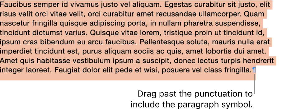 A paragraph selected, with the paragraph symbol included in the selection.