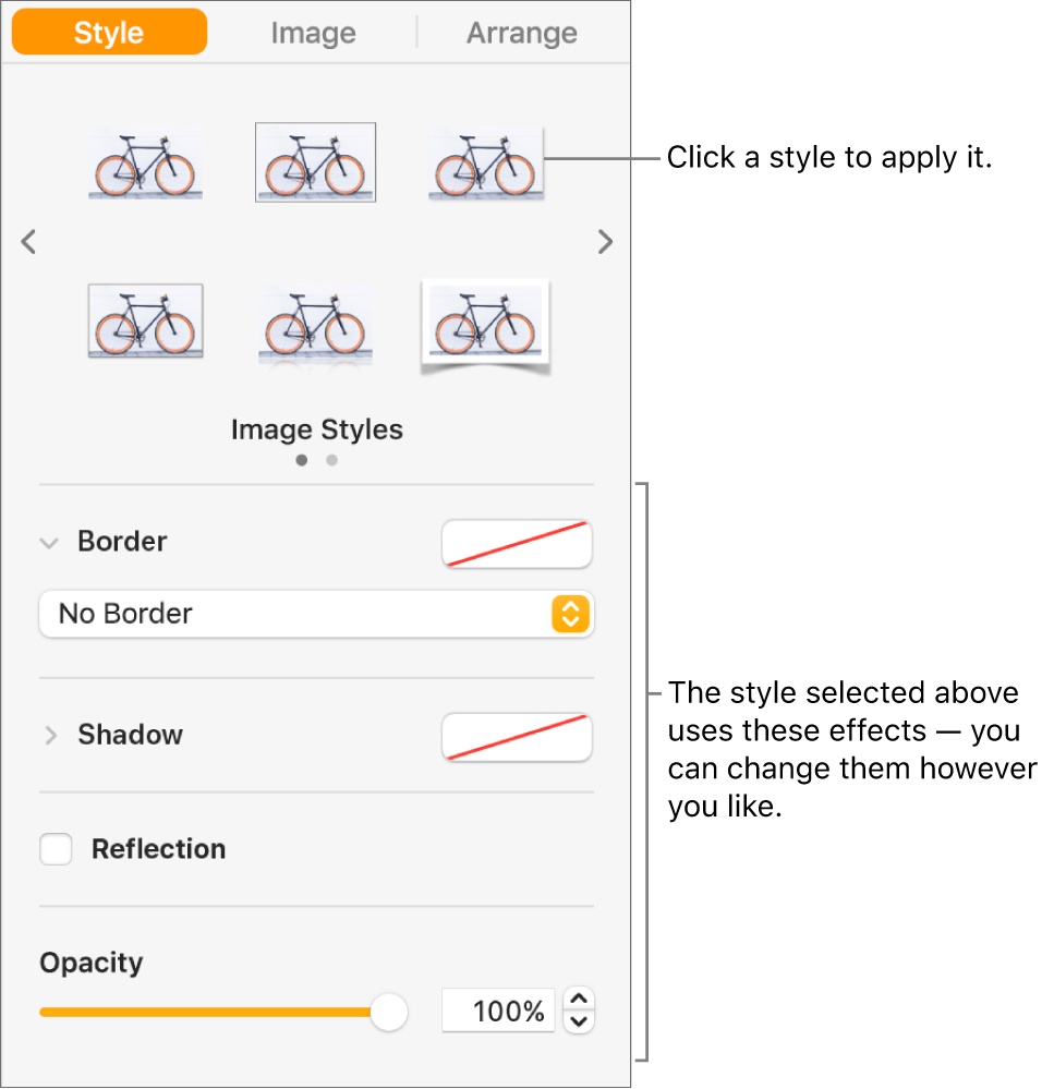 The Style tab of the Format sidebar showing object style options.