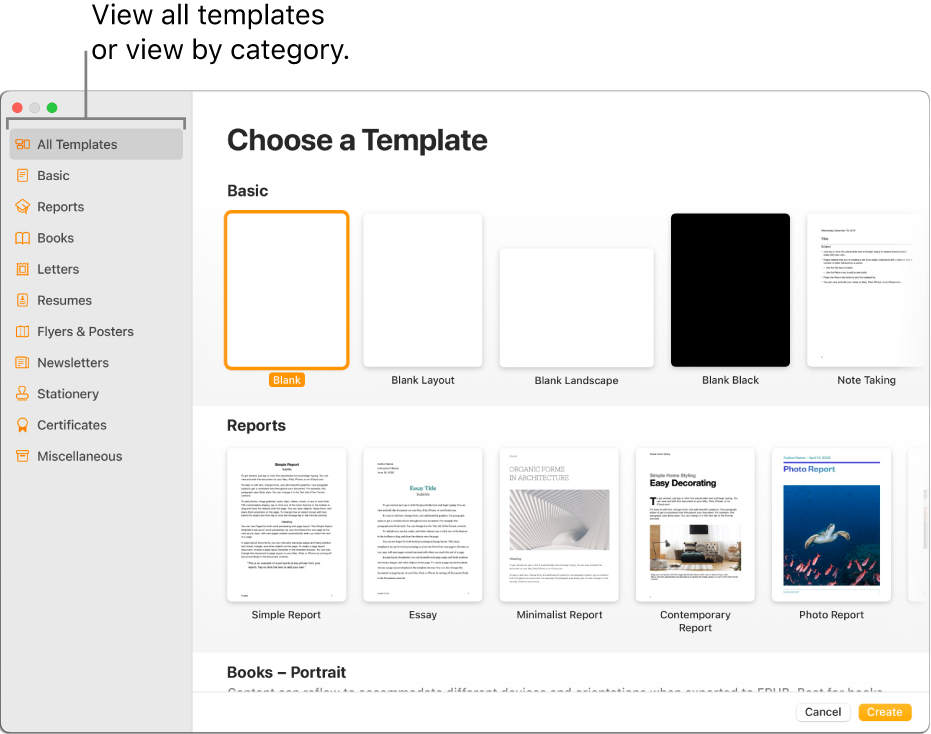 The template chooser. A sidebar on the left lists template categories you can click to filter options. On the right are thumbnails of pre-designed templates arranged in rows by category, starting with Basic at the top and followed by Reports and Books — Portrait. The Language and Region pop-up menu is in the bottom-left corner and Cancel and Create buttons are in the bottom-right corner.