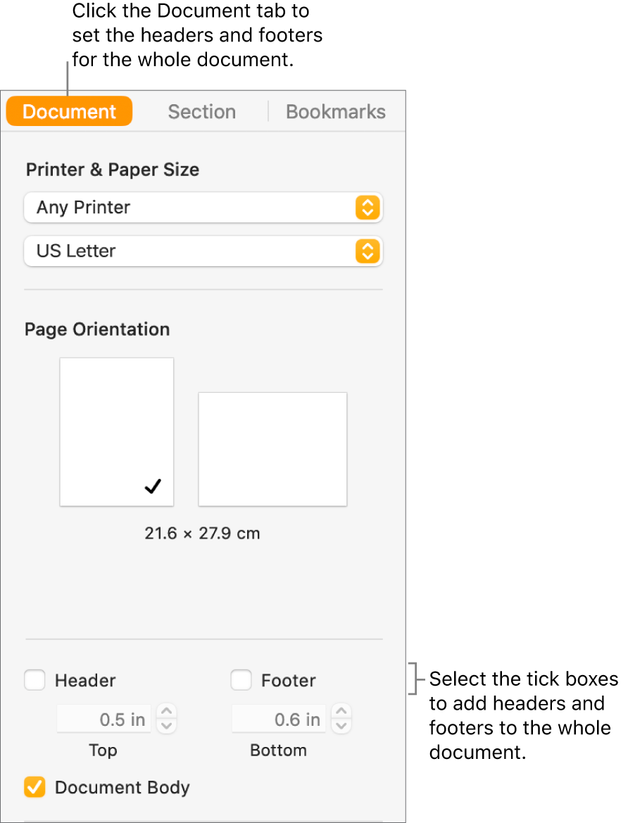 The Document sidebar with the Document tab at the top of the sidebar selected. Below the Header and Footer tick boxes there are arrows to change the distance of headers and footers from the top and bottom of the page.