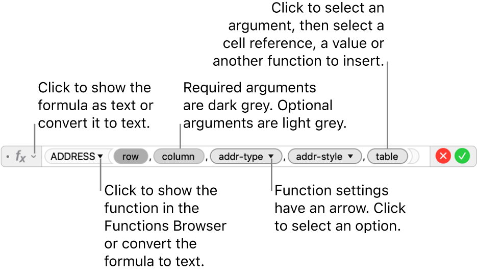 The Formula Editor showing the ADDRESS function and its argument tokens.