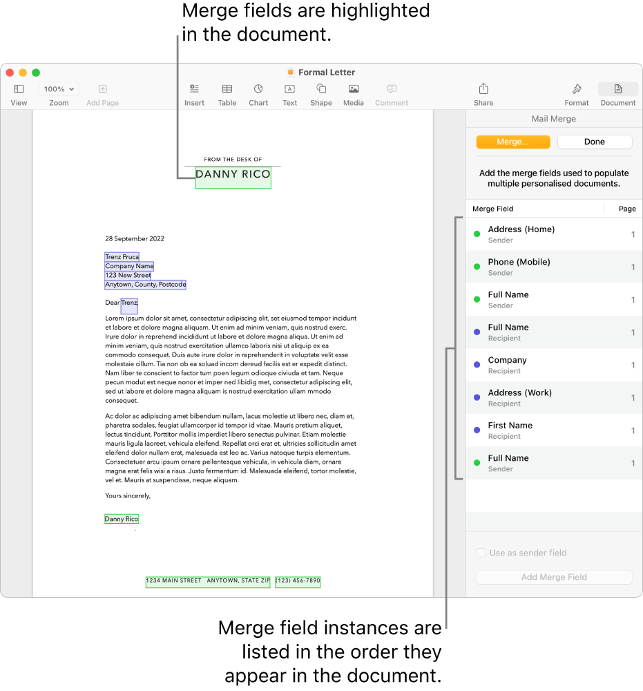 Pages document with recipient and sender merge fields, and the merge field instances list visible in the Document sidebar.