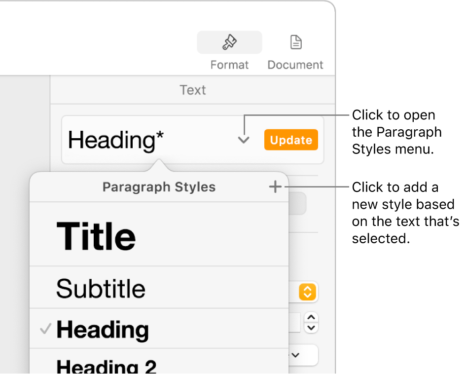 The Paragraph Styles menu, showing controls to add or change a style.