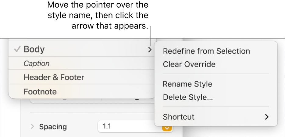 The Paragraph Styles menu with the shortcut menu open.