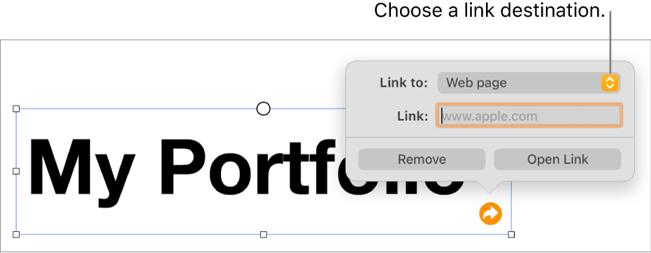 The link editor controls with Web Page selected and the Remove and Open Link buttons at the bottom.