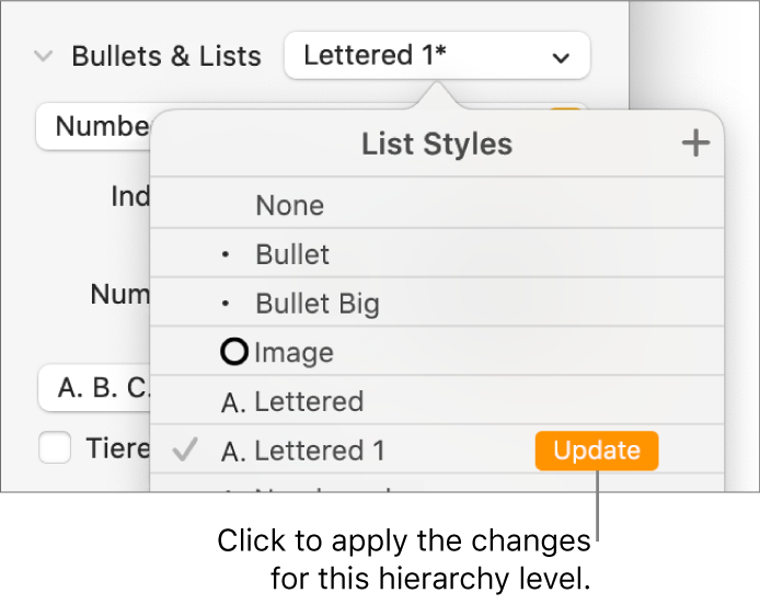 The List Styles pop-up menu with an Update button next to the name of the new style.