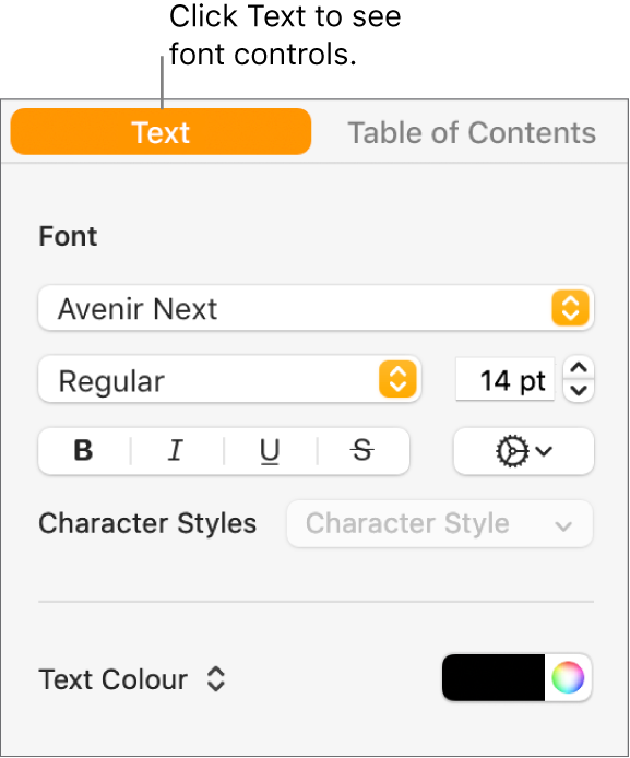 The Format sidebar with the Text tab selected and font controls for changing the font and font size and adding character styles.