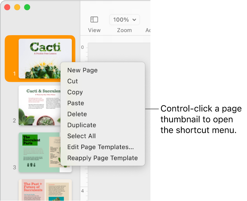 Page Thumbnails view with one thumbnail selected and the shortcut menu open.