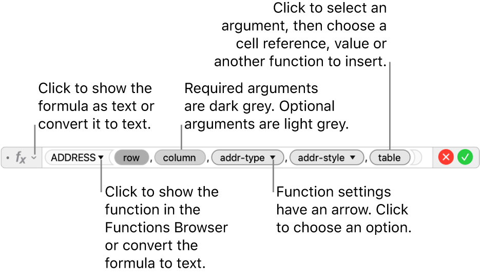 The Formula Editor showing the ADDRESS function and its argument tokens.