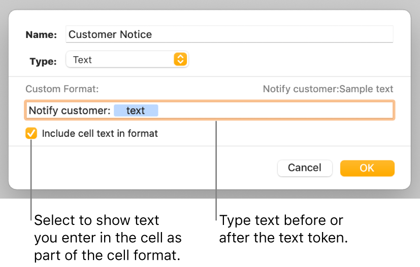 The custom cell format window with controls for choosing custom text formatting.