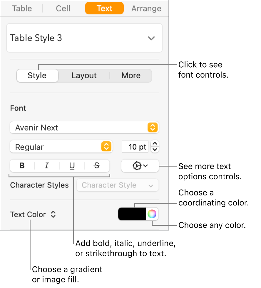 The controls for styling table text.