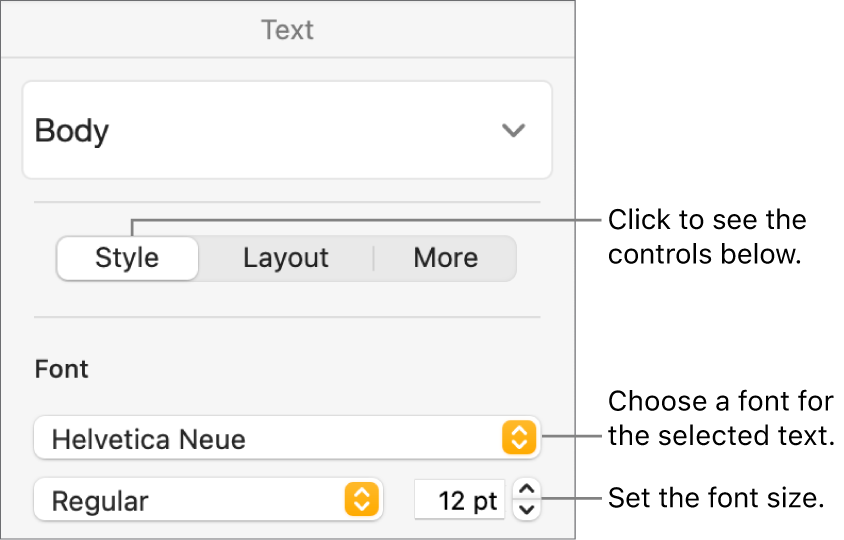 Text controls in the Style section of the Format sidebar for setting font and font size.