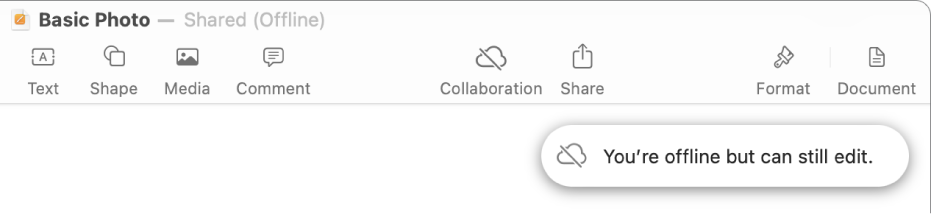 The buttons at the top of the screen, with the Collaboration button changed to a cloud with a diagonal line through it. An alert on the screen says “You’re offline but can still edit.”