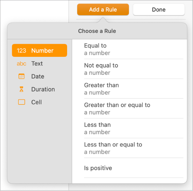 Buttons for creating conditional cell highlighting rules.