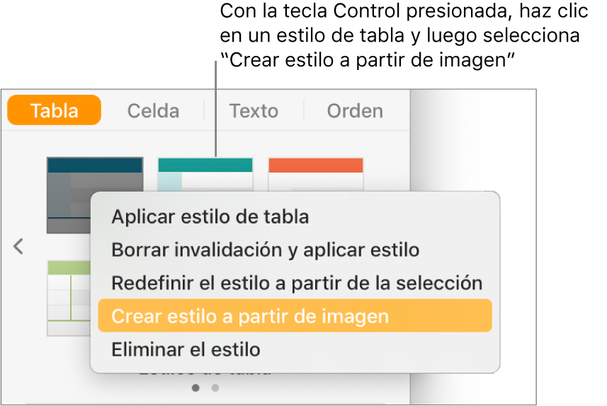 El menú de funciones rápidas de estilo de tabla.