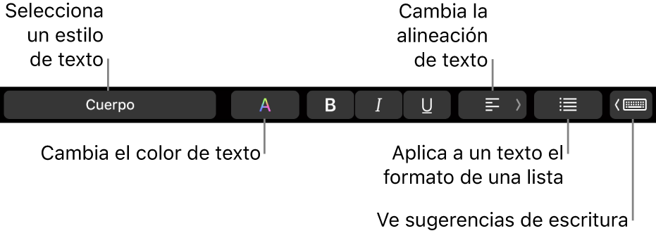 La Touch Bar de la MacBook Pro con controles para elegir el estilo del texto, cambiar el color y la alineación del texto, darle formato como lista y mostrar sugerencias de escritura.