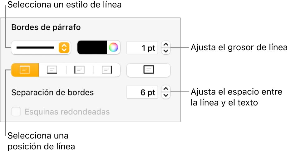 Controles para cambiar el estilo de línea, grosor, posición y color.