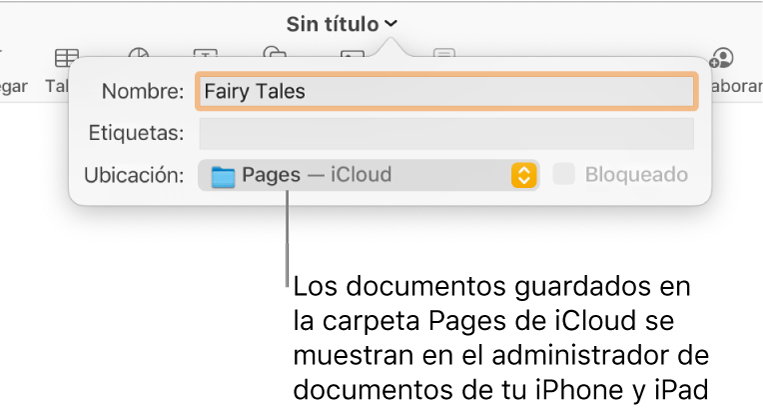 El cuadro de diálogo Guardar de un documento abierto, y en el menú desplegable Dónde se indica Pages — iCloud.