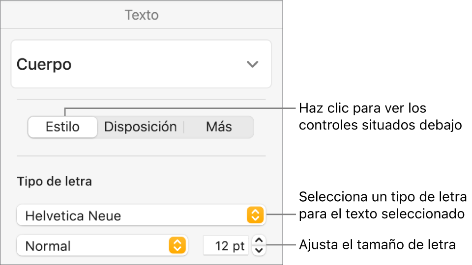 Controles de texto de la sección Estilo de la barra lateral Formato para ajustar el tamaño y el tipo de letra.