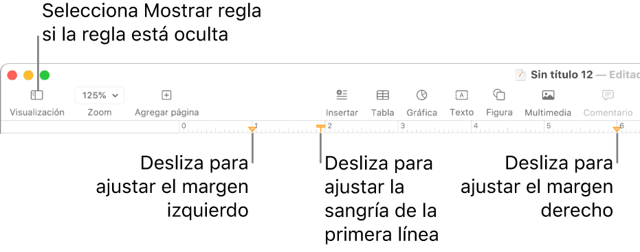 La regla con el control de margen izquierdo y el control de sangría de la primera línea.