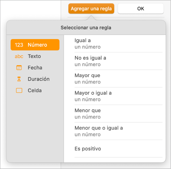 Botones para crear reglas de resaltado condicional para las celdas.