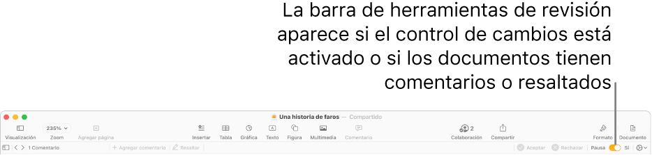 La barra de herramientas de Pages con el control de cambios activado y la barra de herramientas de revisión debajo.