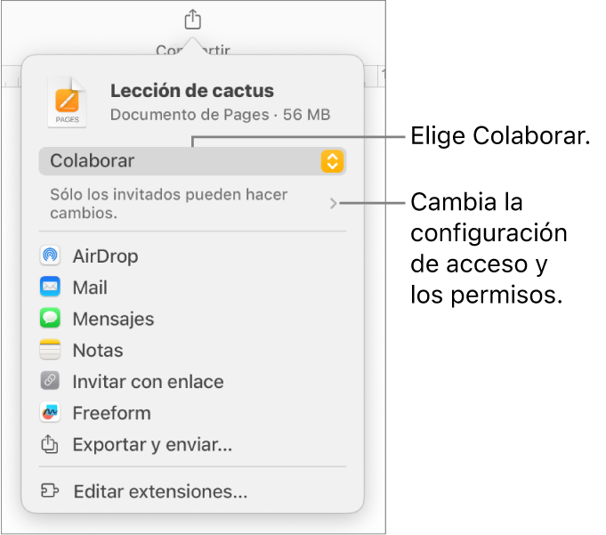 El menú Compartir con la opción Colaborar seleccionada en la parte superior, y la configuración de acceso y permisos debajo.