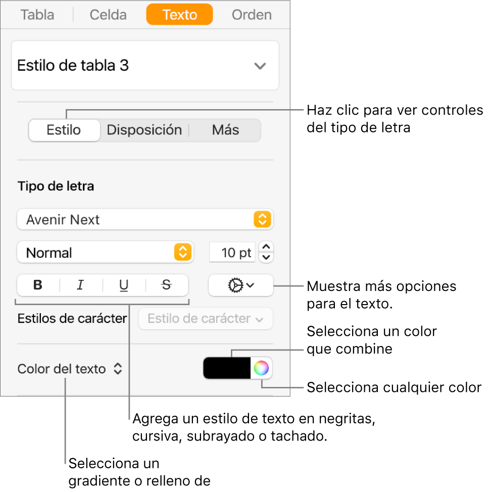 Los controles para aplicar un estilo a texto de la tabla.
