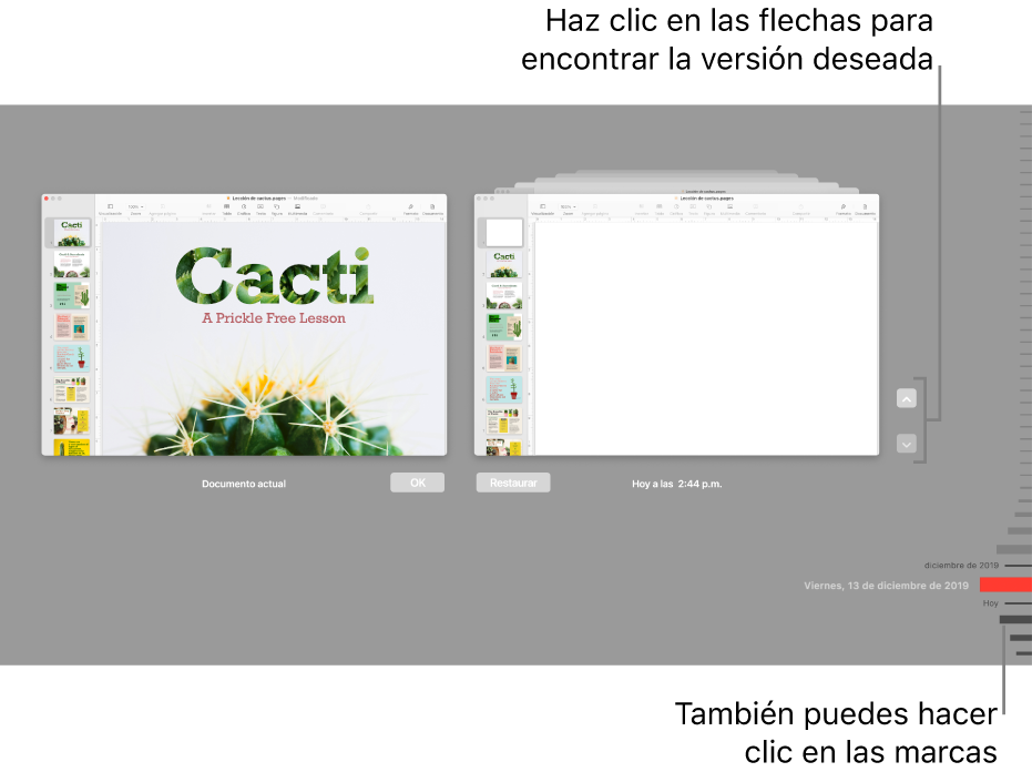 Control temporal de versiones que muestra el documento actual a la izquierda y una versión reciente a la derecha.