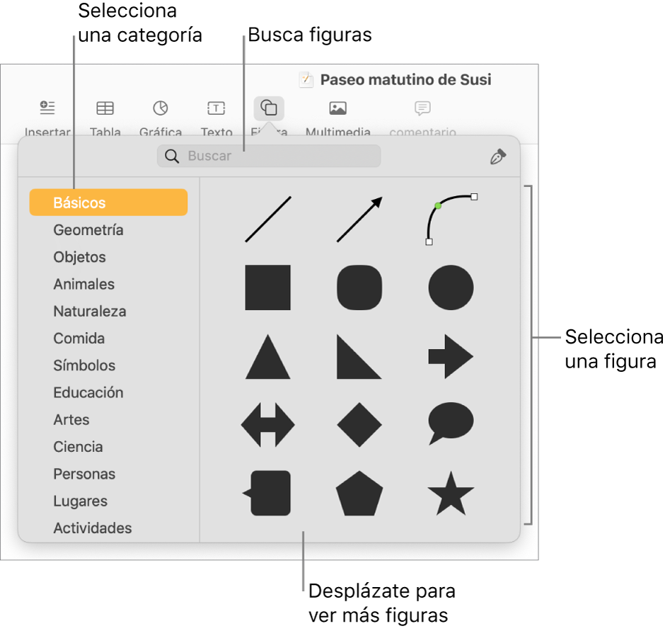 La biblioteca de figuras, con las categorías enumeradas a la izquierda y las figuras mostradas a la derecha. Puedes usar el campo de búsqueda de la parte superior para buscar figuras o desplazarse para ver más.