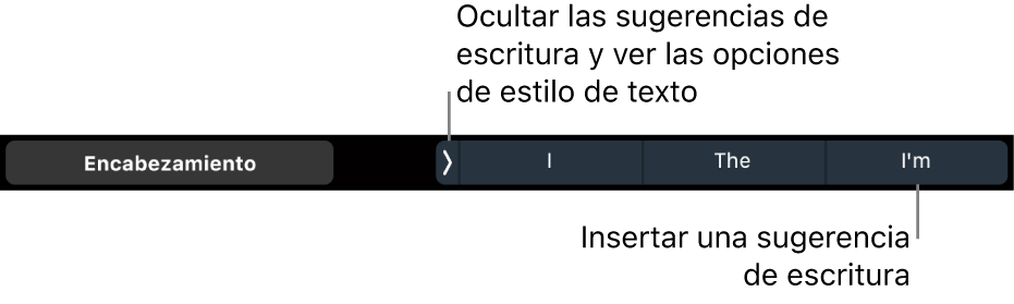 La Touch Bar del MacBook Pro con controles para elegir un estilo de texto, ocultar las sugerencias de escritura e insertar las sugerencias de escritura.