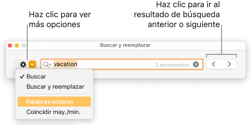 La ventana “Buscar y reemplazar” con el menú desplegable donde aparecen las opciones Buscar, “Buscar y reemplazar,” “Palabras enteras” y “Coincidir may./min.”. Las flechas de la derecha te permiten moverte entre el resultado de búsqueda anterior y el siguiente.