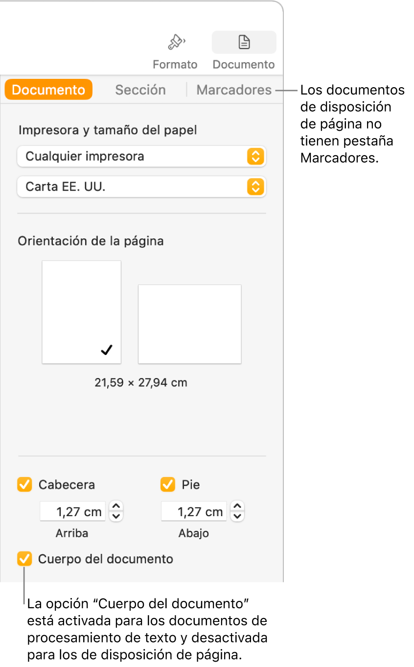 La barra lateral Formato con las pestañas Documento, Sección y Marcadores en la parte superior. Está seleccionada la pestaña Documento y hay una llamada a la pestaña Marcadores que dice que los documentos de disposición de página no tienen pestaña Marcadores. Está seleccionada la casilla “Cuerpo del documento”, lo que también indica que se trata de un documento de procesamiento de texto.