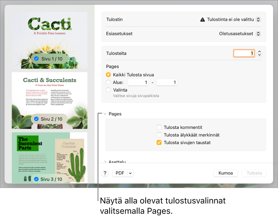 Tulosta-valintaikkuna, jossa on säätimet tulostinta, esiasetuksia, kopioiden määriä ja sivuja varten. Pages valitaan ponnahdusvalikossa sivujen asetusten alla ja sen jälkeen valitaan kommenttien tulostamisen, älykkäiden merkintöjen tulostamisen ja sivujen taustojen tulostamisen valintaneliöt.